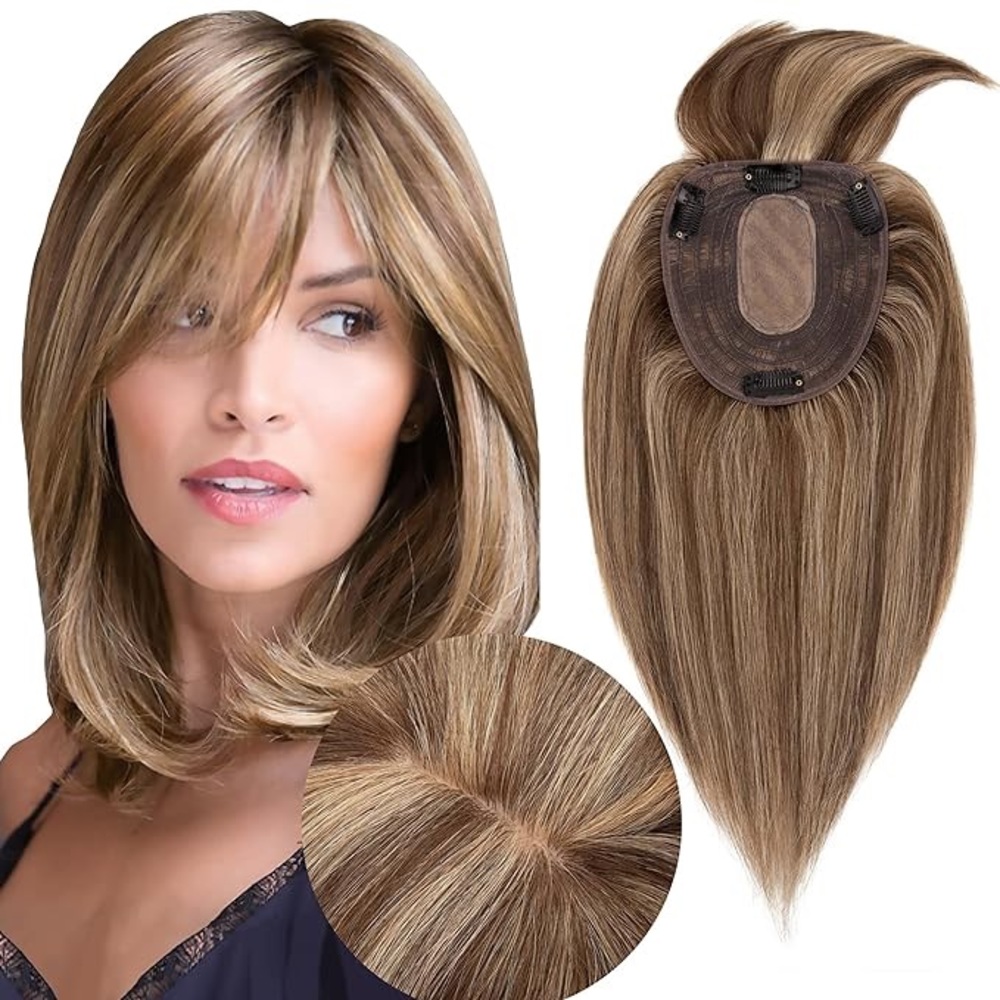 Human hair 14” wig topper with bangs. Color: #4P27